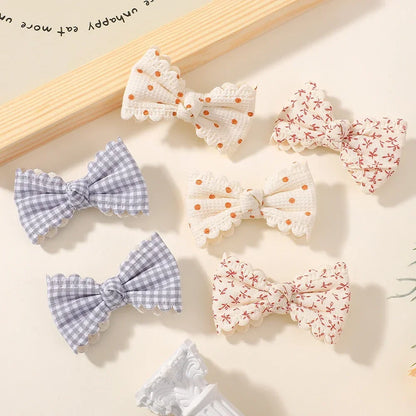 2Pcs Flower Print Bow Hair Clips for Baby Girls – Handmade Plaid Bowknot Hairpins