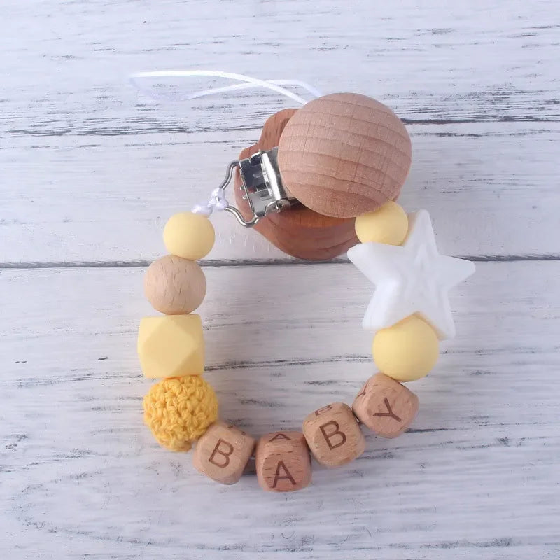 Personalized Rainbow Pacifier Clip – Handmade Beech & Silicone Name Teether Holder