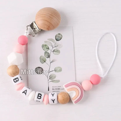 Personalized Rainbow Pacifier Clip – Handmade Beech & Silicone Name Teether Holder