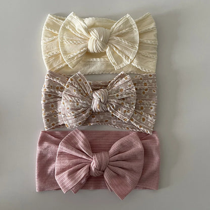 3Pcs Soft Nylon Knot Bow Baby Headbands – Cable Knit Turban Wraps