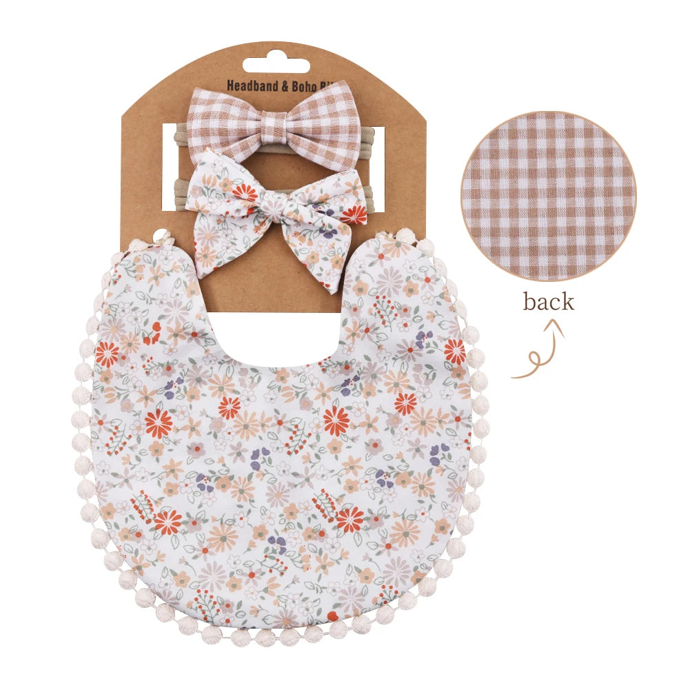 Floral Cotton Linen Baby Bib with Matching Headband – Double-Layer, Reversible Bandana Bib
