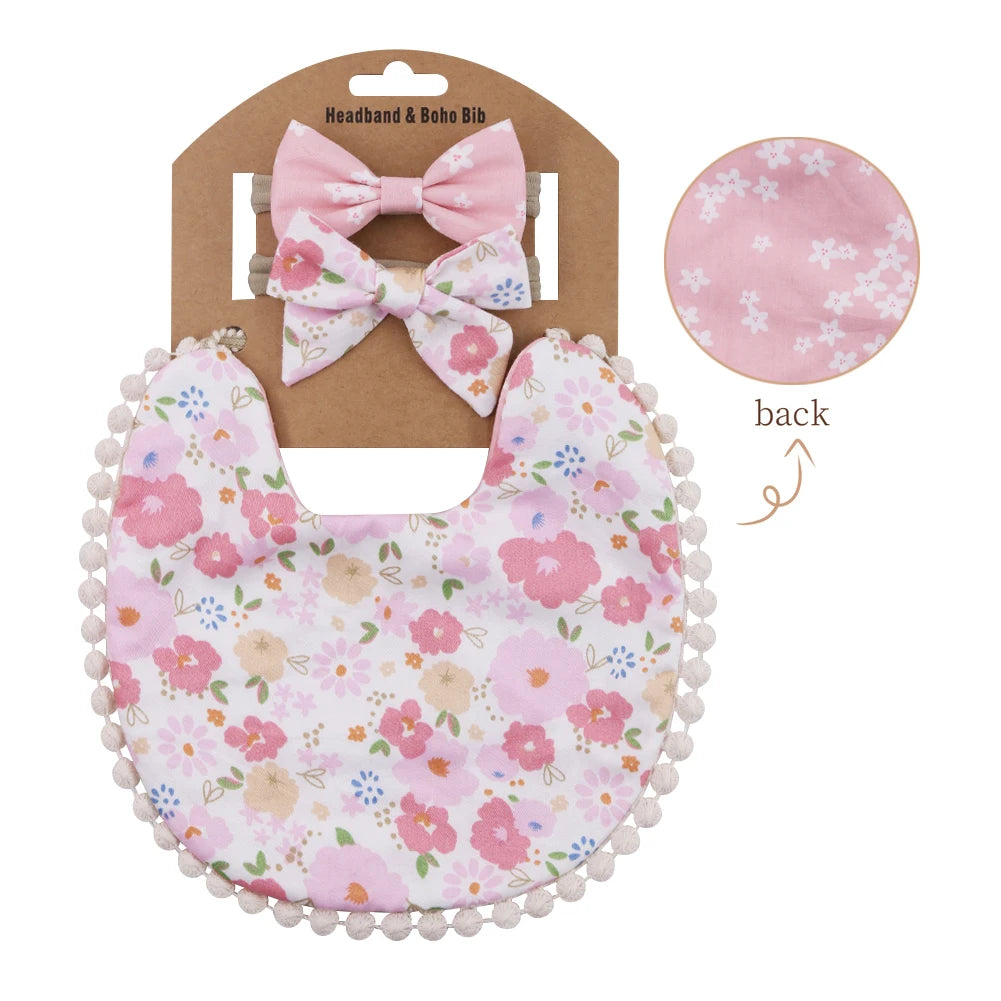 Floral Cotton Linen Baby Bib with Matching Headband – Double-Layer, Reversible Bandana Bib