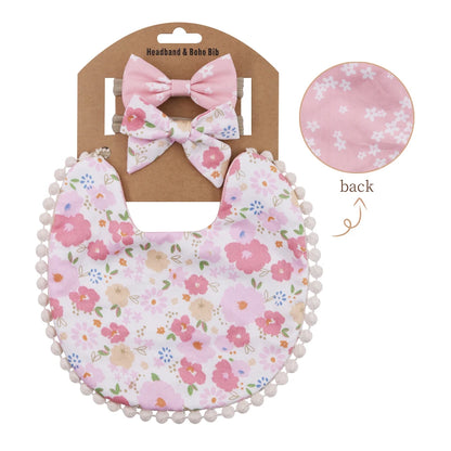 Floral Cotton Linen Baby Bib with Matching Headband – Double-Layer, Reversible Bandana Bib