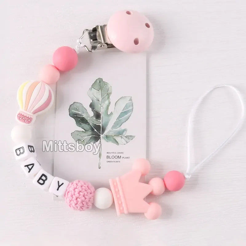 Personalized Rainbow Pacifier Clip – Handmade Beech & Silicone Name Teether Holder