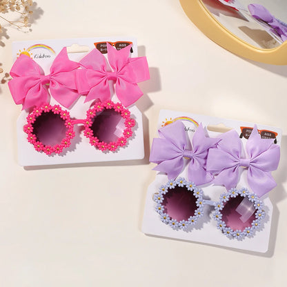 3Pcs Cheer Bow Hairclip & Retro Flower Sunglasses Set – Kids Handmade Hair Accessories