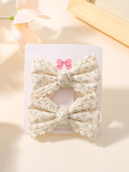 2Pcs Flower Print Bow Hair Clips for Baby Girls – Handmade Plaid Bowknot Hairpins