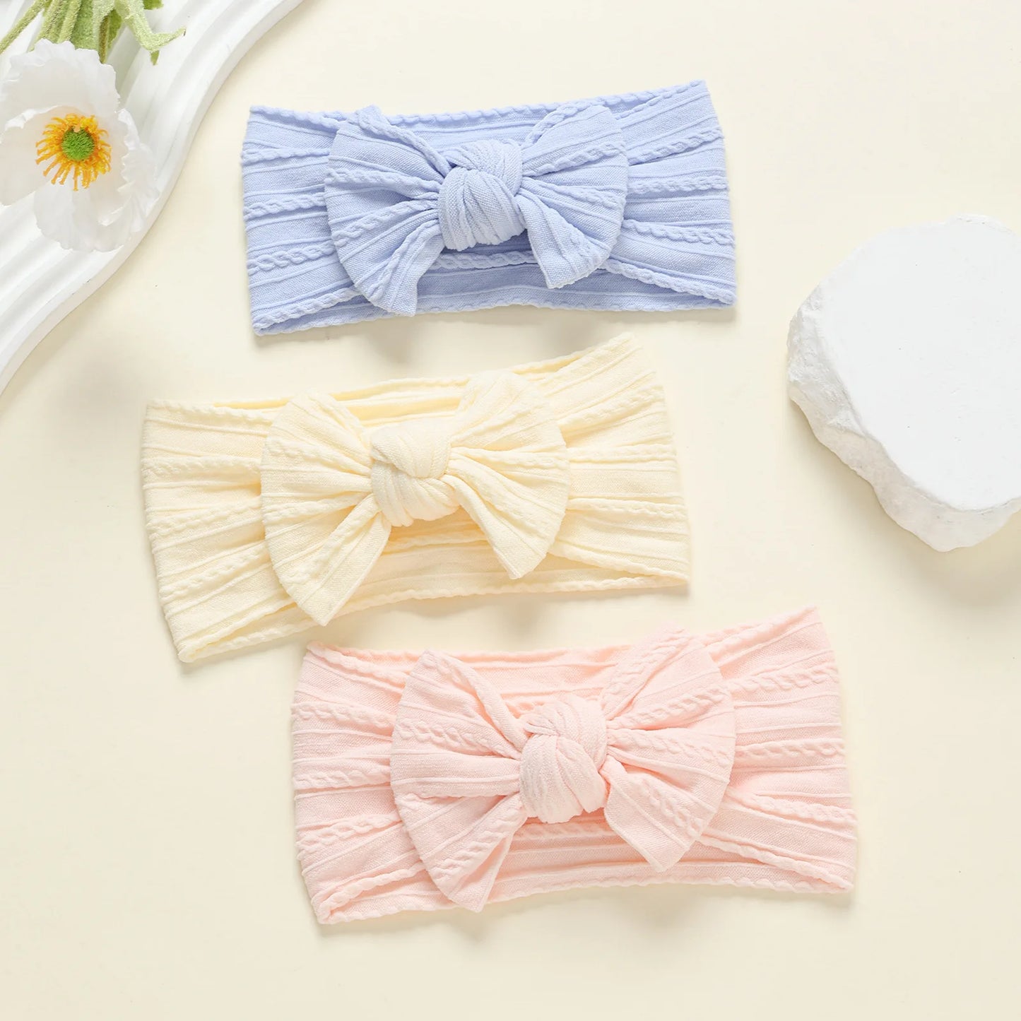 3Pcs Soft Nylon Knot Bow Baby Headbands – Cable Knit Turban Wraps