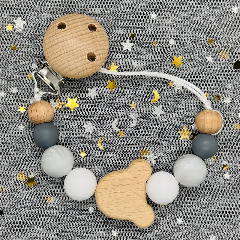 Custom Name Bear Pacifier Clip – Handmade Wooden & Silicone Teether Chain