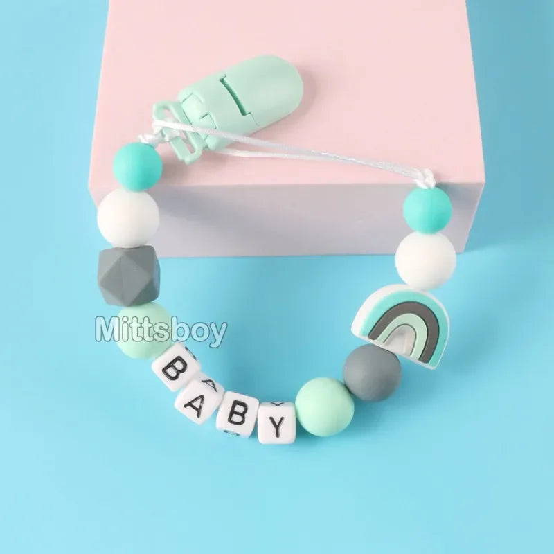Personalized Rainbow Pacifier Clip – Handmade Beech & Silicone Name Teether Holder
