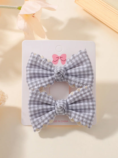 2Pcs Flower Print Bow Hair Clips for Baby Girls – Handmade Plaid Bowknot Hairpins
