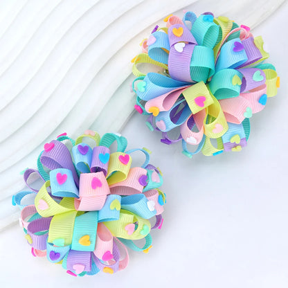 2Pcs Rainbow Hydrangea Flower Hair Clips – Kids Ribbon Ponytail Holders