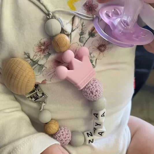 Personalized Baby Pacifier Clip – Crown Silicone & Beech Wood Teether Holder Chain