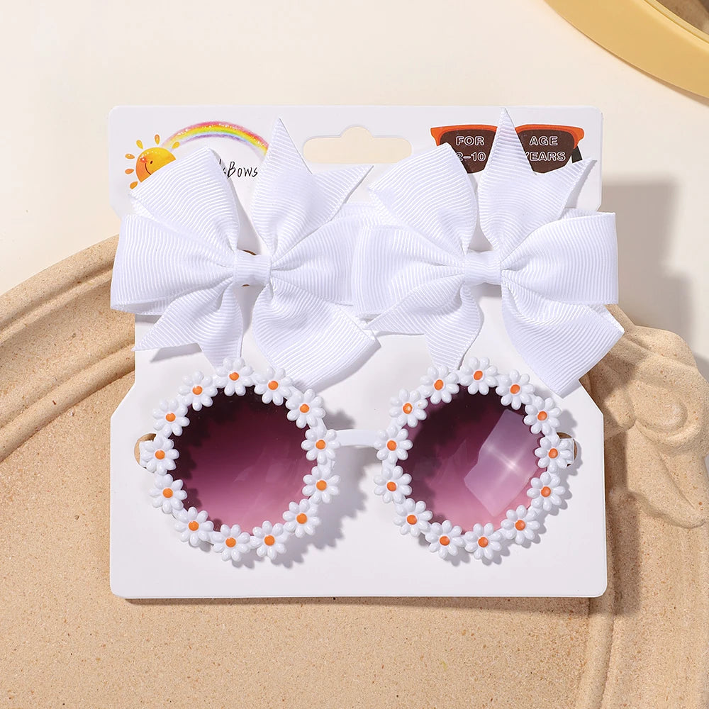 3Pcs Cheer Bow Hairclip & Retro Flower Sunglasses Set – Kids Handmade Hair Accessories