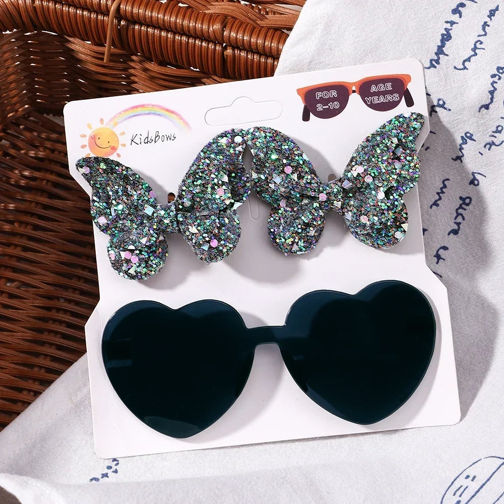 Sparkling Butterfly Hair Clip & Love Glasses Set – Fashion Kids Hair Accessories